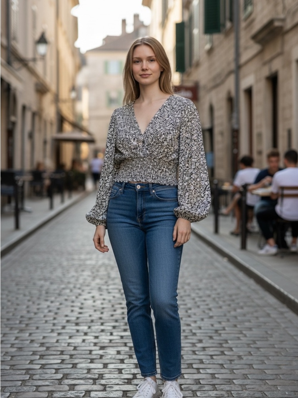 Abercrombie & Fitch Black and White Floral Smocked V-Neck Blouse